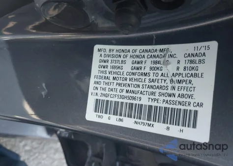 2016 Honda Civic Lx из США, поврежденный, VIN 2HGFC2F53GH509619